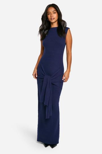 Navy Petite Premium Rib Knit Tie Waist Detail Maxi Dress