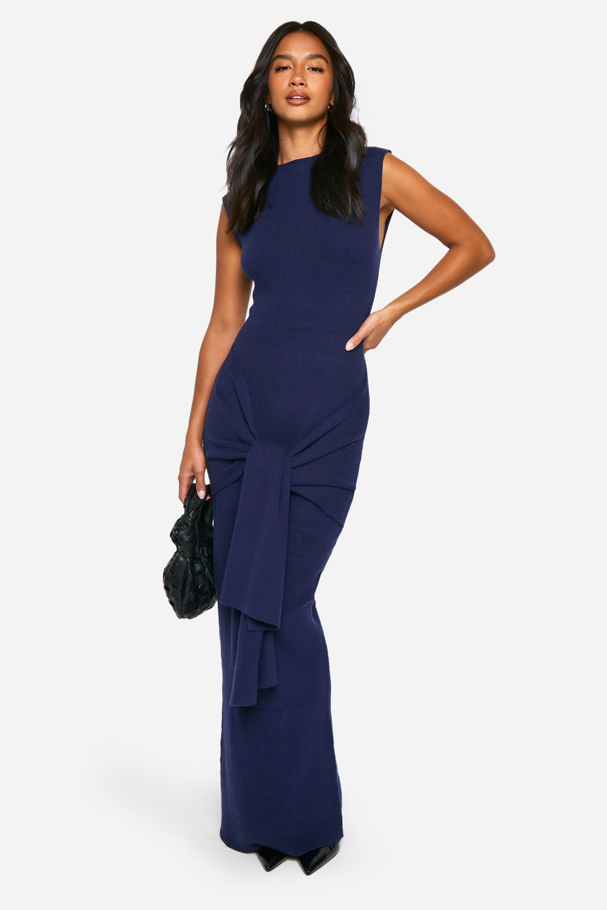 boohoo Petite Premium Rib Knit Tie Waist Detail Maxi Dress Navy Xs