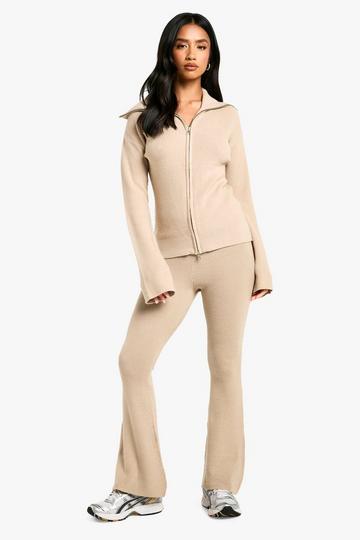 Petite Premium Rib Knitted Double End Zip Up Jumper And Puddle Hem Trouser oatmeal