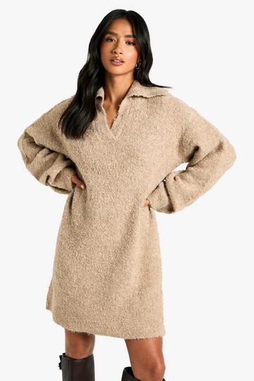 Camel Beige Petite Borg Oversized Collar Detail Mini Dress