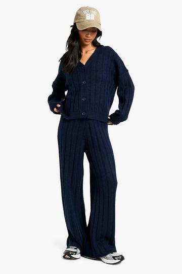 Petite Soft Knit Thick Ribbed Cardigan And Wide Leg Pants Set navy