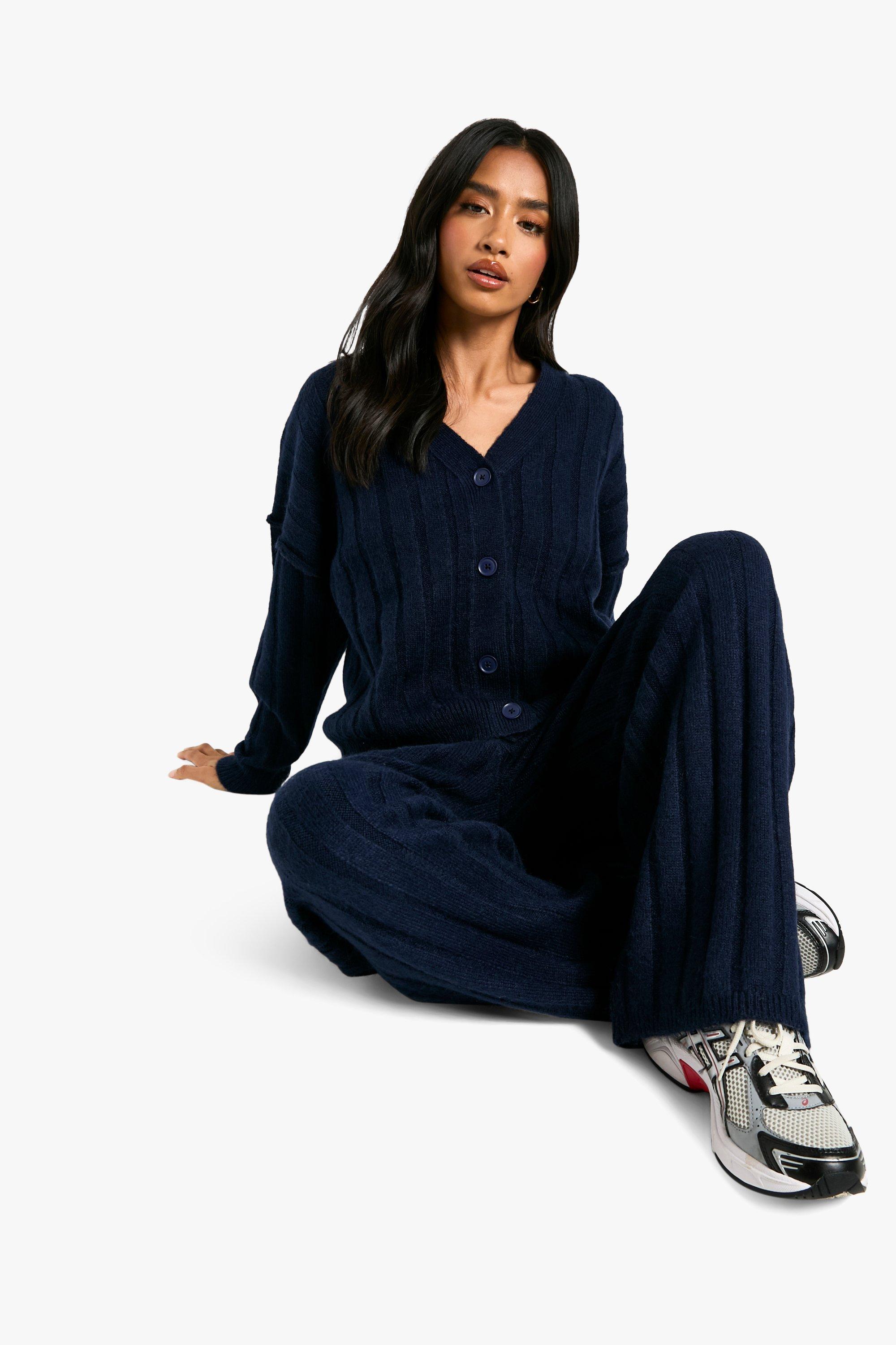 Petite Soft Knit Thick Ribbed Cardigan And Wide Leg Pants Set boohoo USA