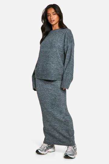 Petite Zachte Gebreide Fijn Gebreide Trui En Maxi Rok Set charcoal