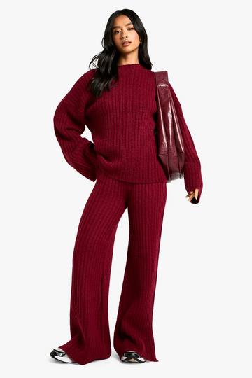 Petite Zachte Gebreide Dik Geribbelde Oversized Trui Met Crewneck En Gebreide Broek Set berry