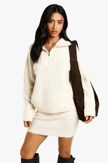 Petite Soft Knit Thick Rib Zip Neck Oversized Jumper And Mini Skirt Set ecru