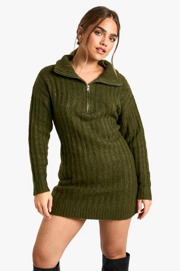 Petite Soft Knit Thick Rib Zip Neck Oversize Mini Dress khaki