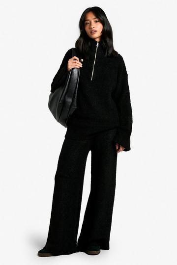 Petite Oversized Trui Met Korte Rits En Nepwollen Wide Leg Broek Set black