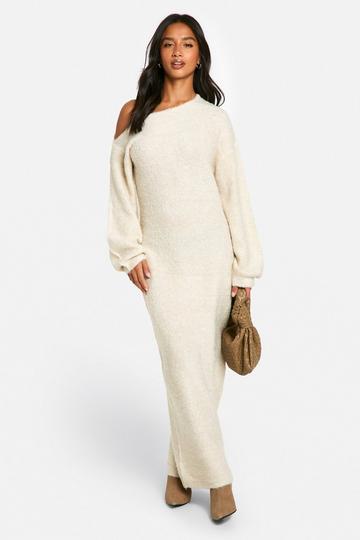 Petite Off The Shoulder Borg Knitted Maxi Dress cream