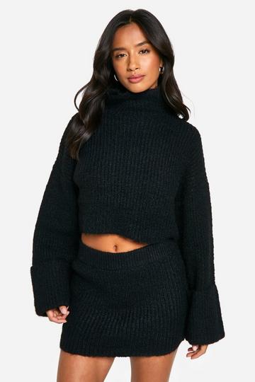 Petite High Neck Oversized Crop Knitted Jumper And Micro Mini Skirt Set black