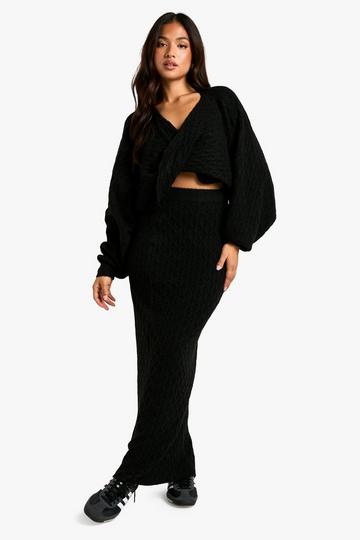 Black Petite Soft Cable Twist Front Crop Jumper And Maxi Skirt Set