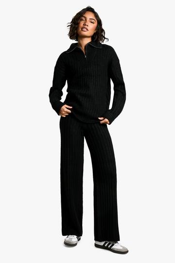 Tall Soft Knit Thick Rib Zip Neck Oversized Jumper And Wide Leg Pants Set black