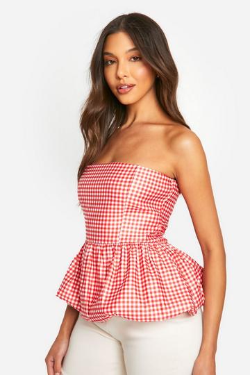 Multi Geweven Gingham Peplum Top Met Pofmouwen