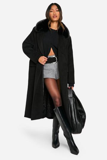 Black Faux Fur Trim Oversized Double Breasted Wool Look Coat