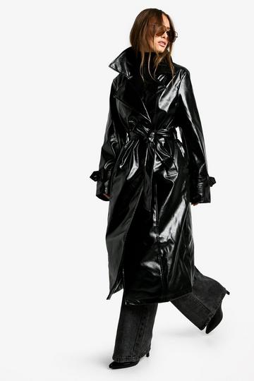 Black Vinyl Faux Leather Trench Coat