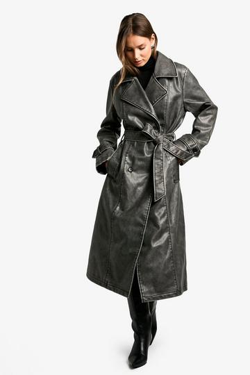 Vintage Look Faux Leather Trench Coat black