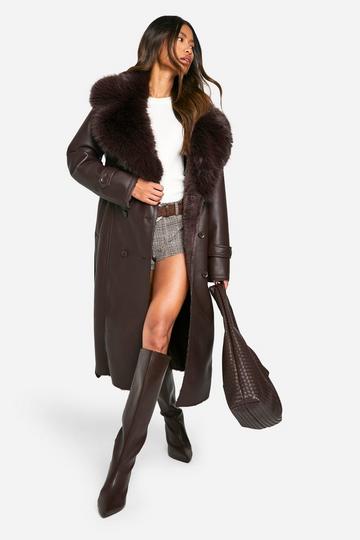 Faux Fur Collar Trench Coat chocolate