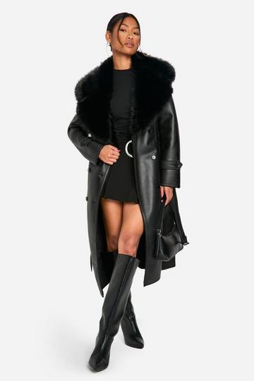 Faux Fur Collar Trench Coat black