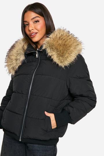 Faux Fur Collar Puffer Jacket black