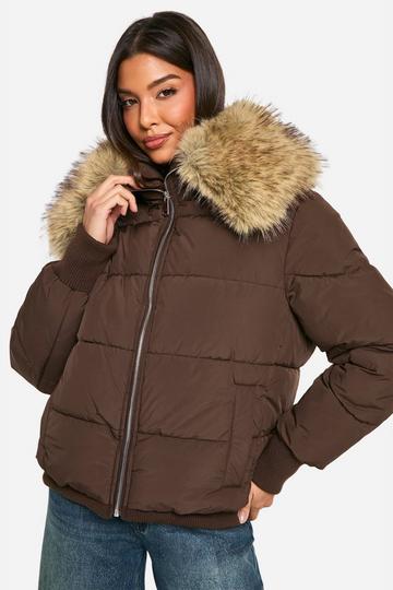 Faux Fur Collar Puffer Jacket chocolate