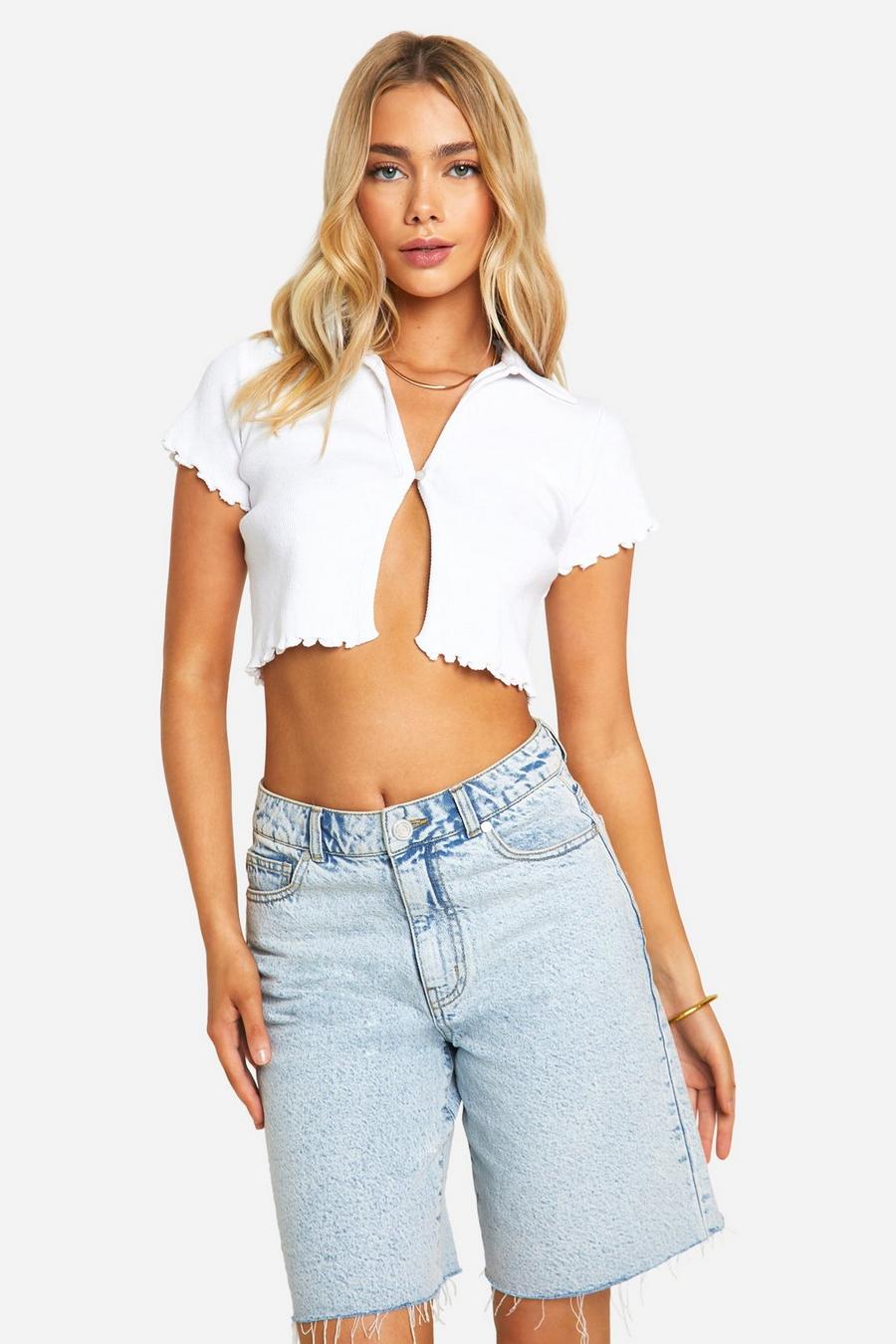 White Button Front Short Sleeve Frill T-shirt