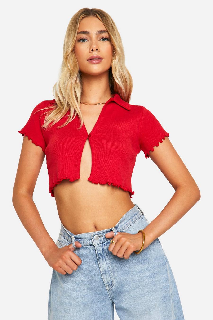 Red Button Front Short Sleeve Frill T-shirt image number 1