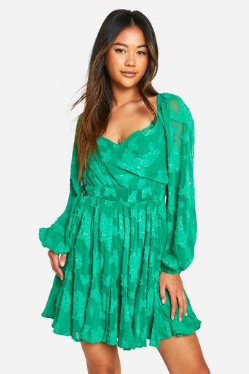 Textured Ballon Sleeve Tie Back Skater green