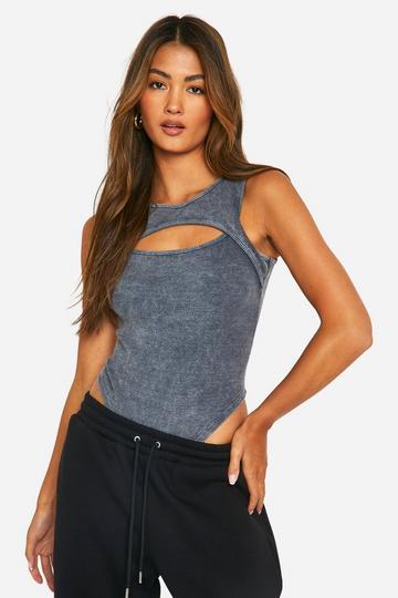 Acid Wash Rib Cut Out Bodysuit grey