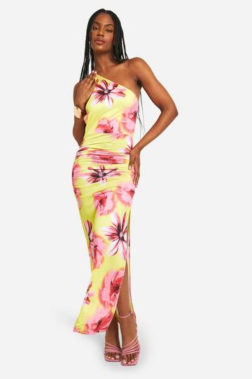 Tall Strakke Asymmetrische Bloemen Maxi Jurk lemon