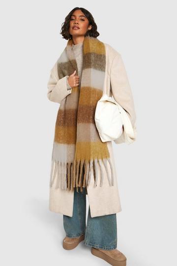 Contrast Checked Knitted Chunky Tassel Scarf stone