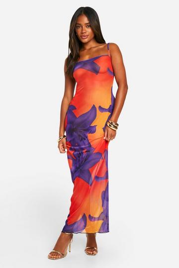 Orange Floral Mesh Strappy Maxi Dress