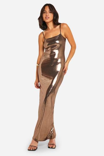 Bronze Metallic Foil Strappy Maxi Dress bronze