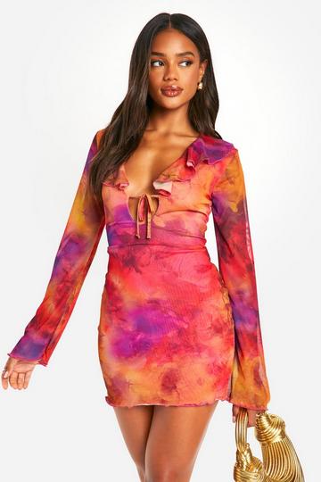 Ruffle Tie Dye Mesh Flare Sleeve Mini Dress multi