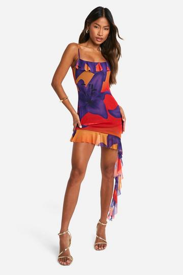 Orange Ruffle Floral Mesh Strappy Mini Dress