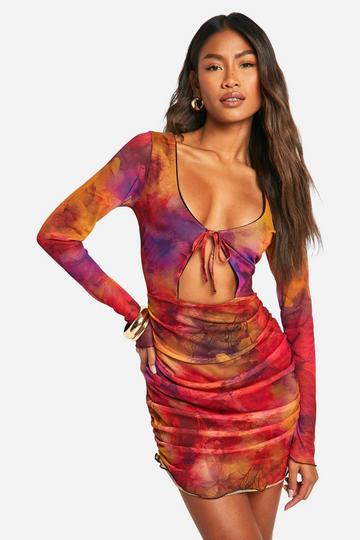 Tie Dye Mesh Cut Out Mini Dress multi