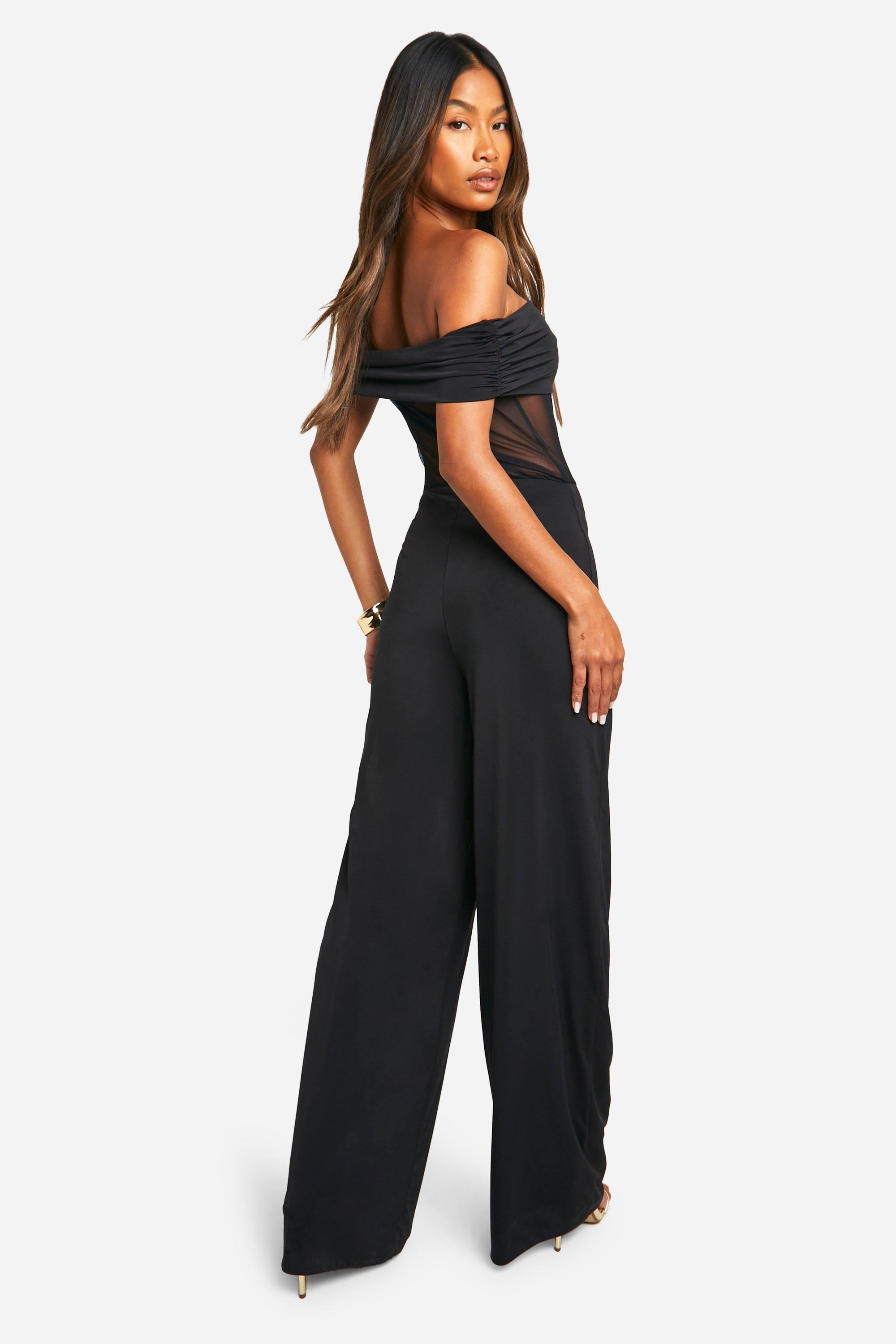 Bardot Jumpsuit mit weitem Bein und Mesh Einsatz