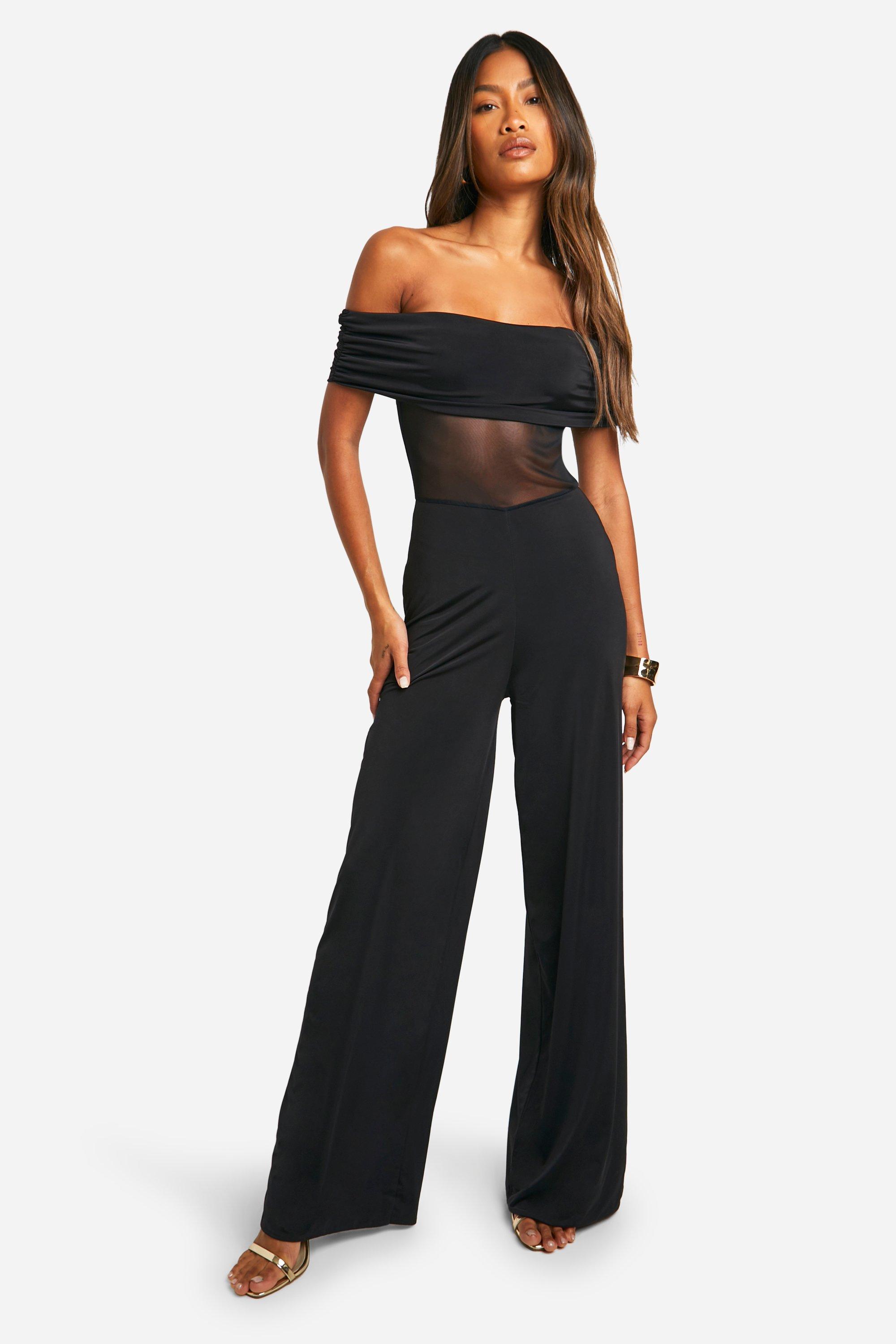 Boohoo Women s Bardot Mesh Panel Wide Leg Jumpsuit Black