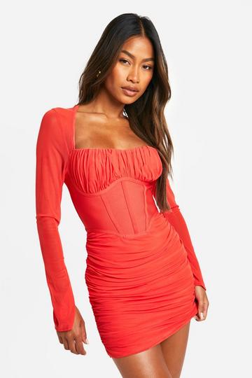 Red Premium Power Mesh Flare Sleeve Dress