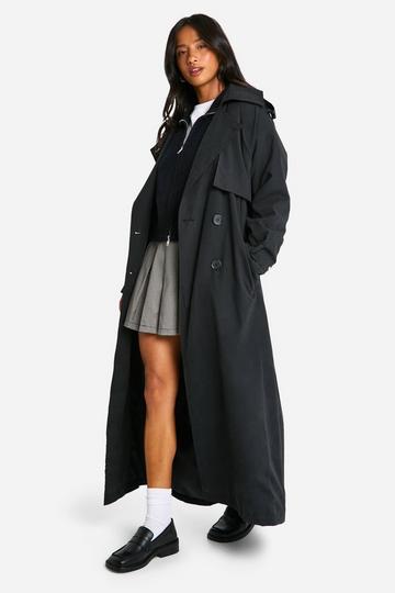 Black Petite Peached Oversized Double Breast Trench Coat