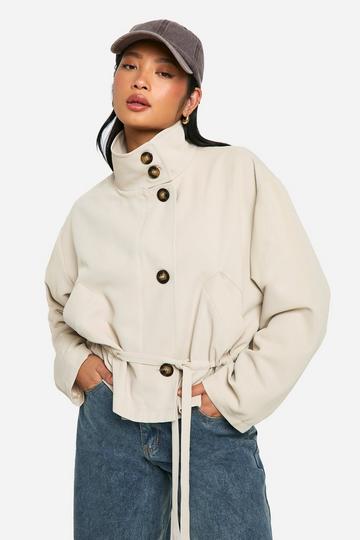 Stone Beige Petite Synched Waist Short Trench Coat