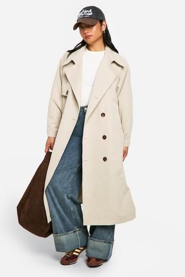 Stone Beige Petite Oversized Raglan Sleeve Trench Coat