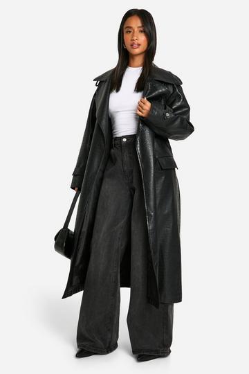 Petite Crocodile Faux Leather Trench Coat black