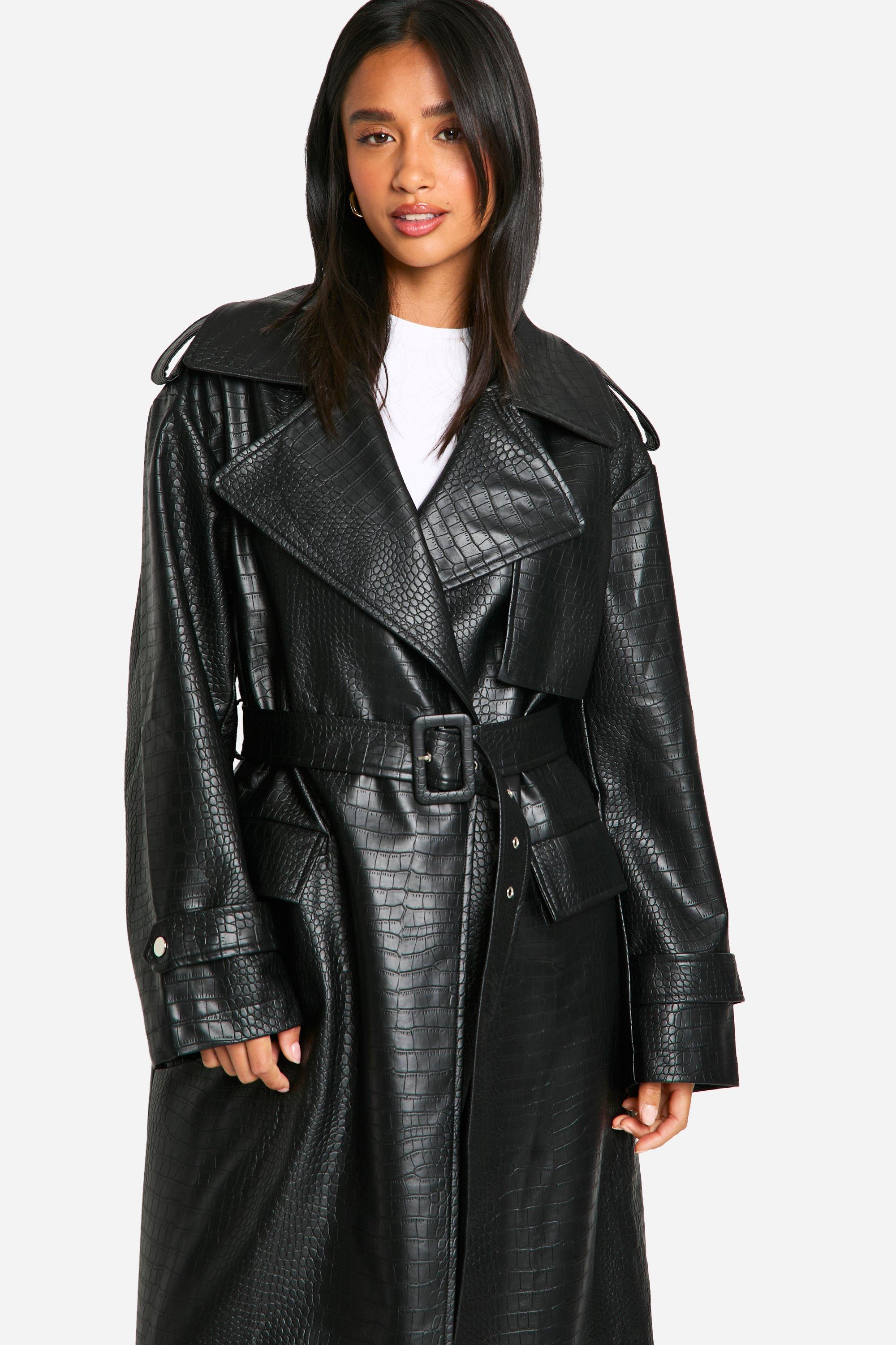 Petite Crocodile Faux Leather Trench Coat