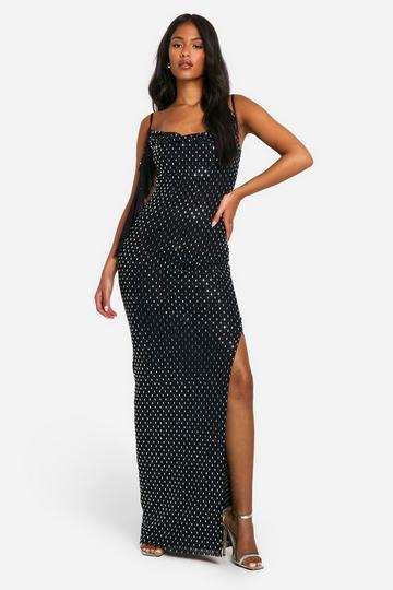 Black Tall Hotfix Diamante Cowl Neck Frill Maxi Dress