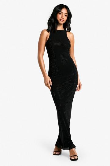 Petite Hotfix Diamante Racer Neck Maxi Dress black