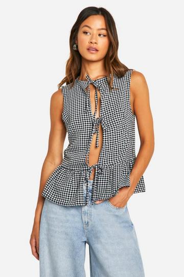 Tall Seersucker Gingham Peplum Top Met Strik black