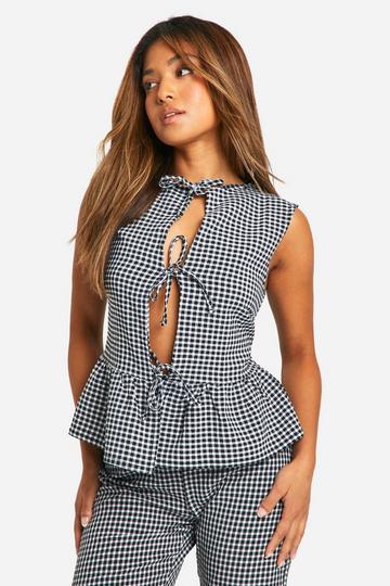 Petite Seersucker Gingham Tie Front Peplum Top black