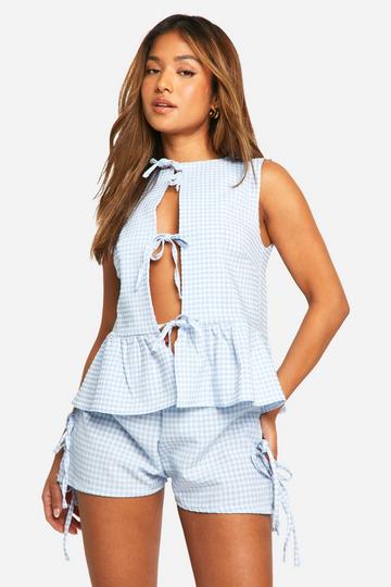 Petite Seersucker Gingham Tie Front Peplum Top blue