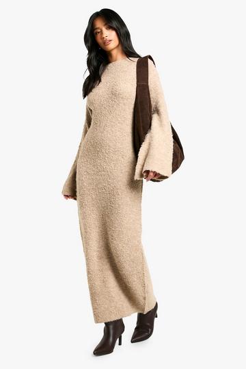 Camel Beige Petite Borg Flare Sleeve Knitted Maxi Dress