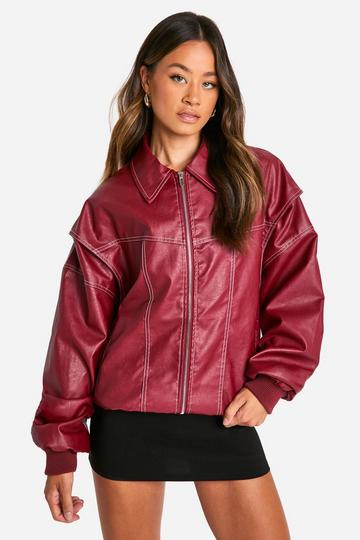 Tall Pu Contrast Stitch Oversized Bomber Jacket red