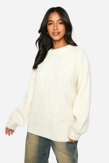 Petite Cable Knit Oversized Crew Neck Jumper cream